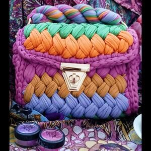 Rainbow Crochet‎ Woven Gold Hardware Convertible Handbag Purse